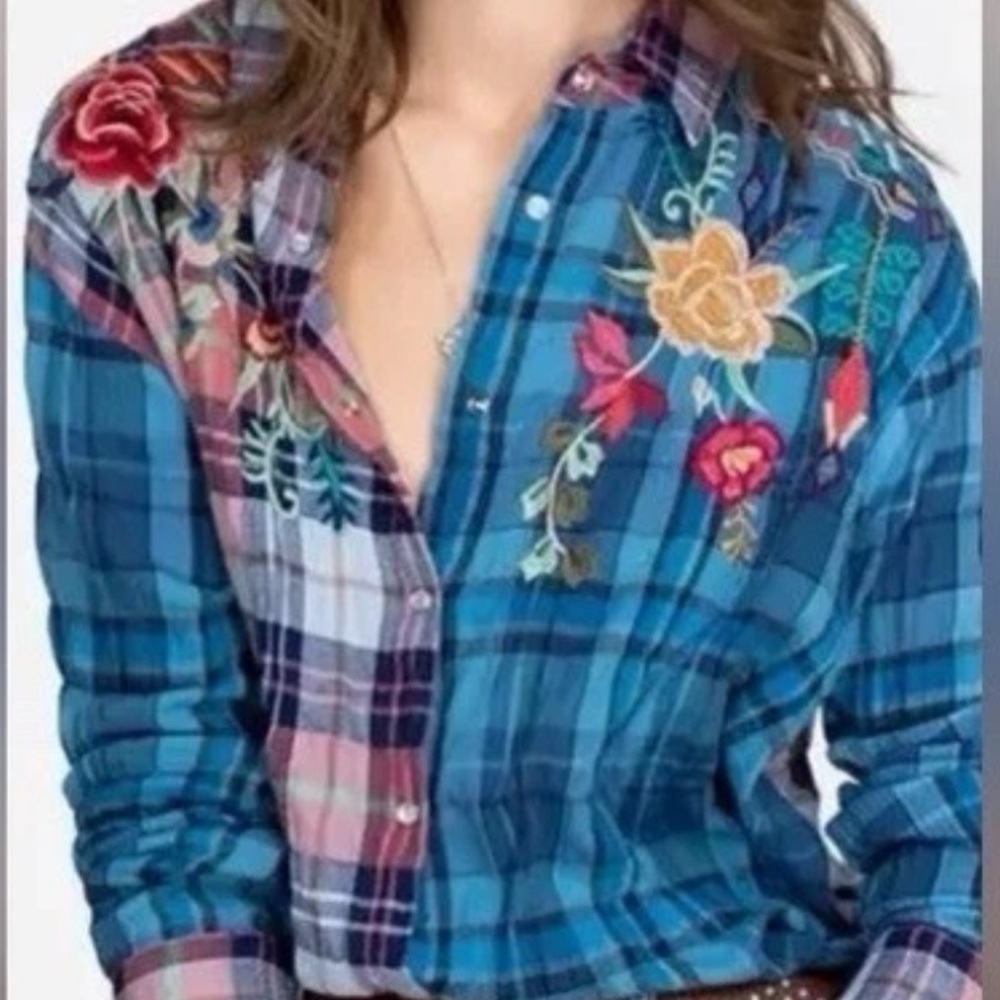 Johnny Was Pink and Blue Plaid Embroidered Eliona snap Button-Up Top - Picture 10 of 16